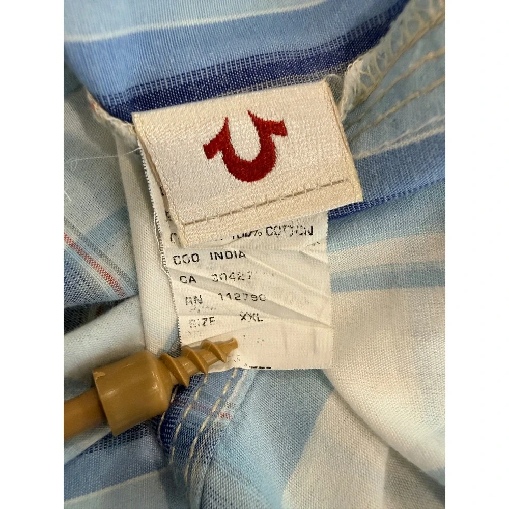 True Religion Mens Western Shirt Blue XXL Plaid Pearl Snap Long Sleeve Cotton